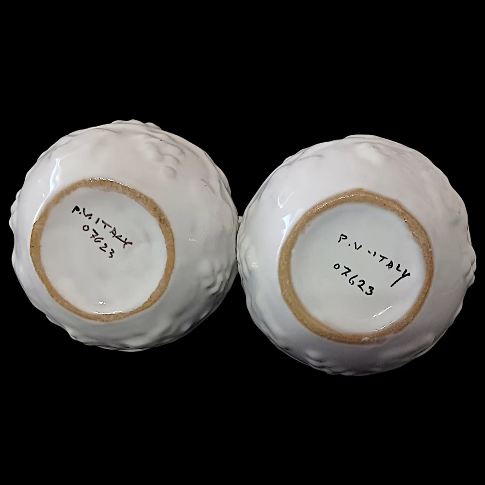 PV Italy Pottery Cruet Set White Oil Vinegar‎ Carrier Embossed Peasant Village